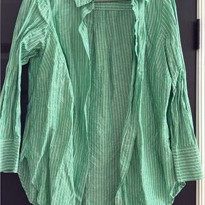 Talbots Green and White Striped Blouse